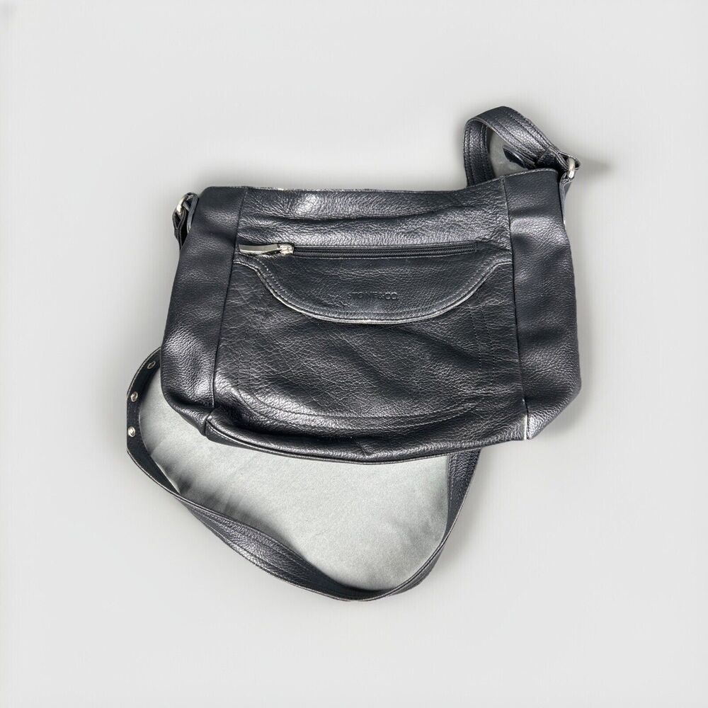 Stone & Co Crossbody Purse Handbag Black Leather Buckle Strap Cellular Pocket